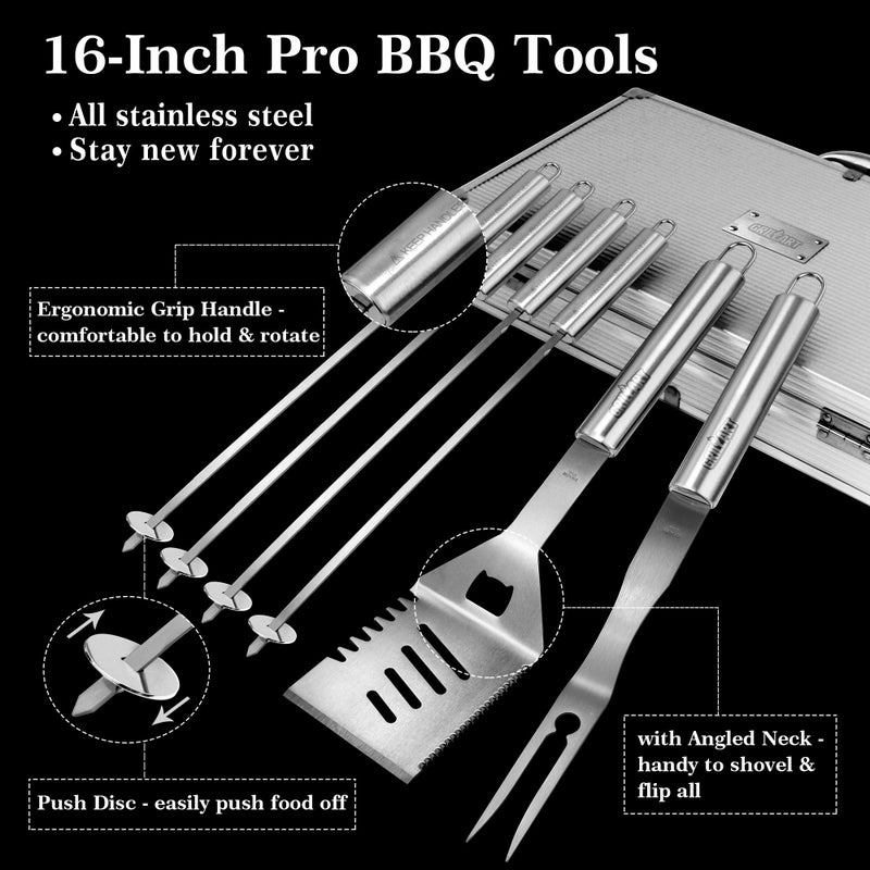 GRILLART BBQ Grill Utensil Tools Set Reinforced BBQ Tongs 19-Piece Stainless-Steel Barbecue Grilling Accessories w/Aluminum Storage Case -Complete Outdoor Grill Kit for Dad, Birthday Gift for Man Dad - Image 2